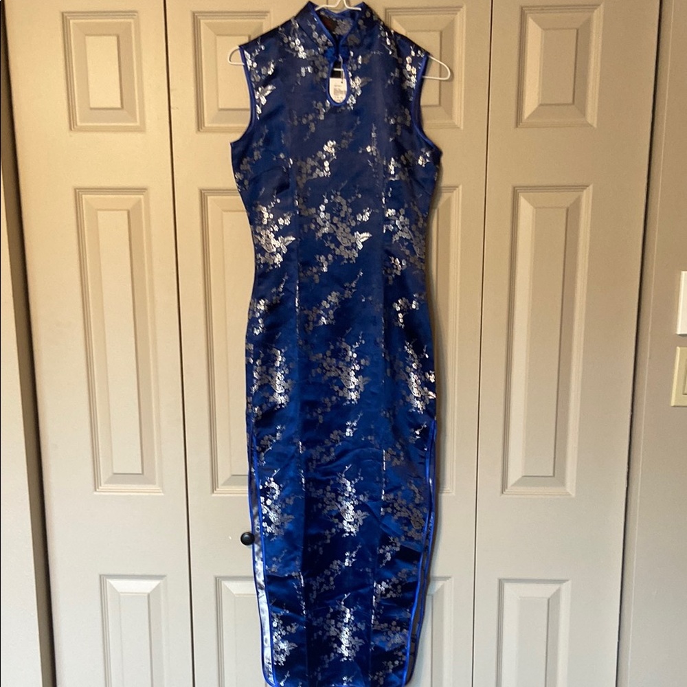 Women's East Sun Navy Blue Keyhole Long Cheongsam Chinese Dress Size 4